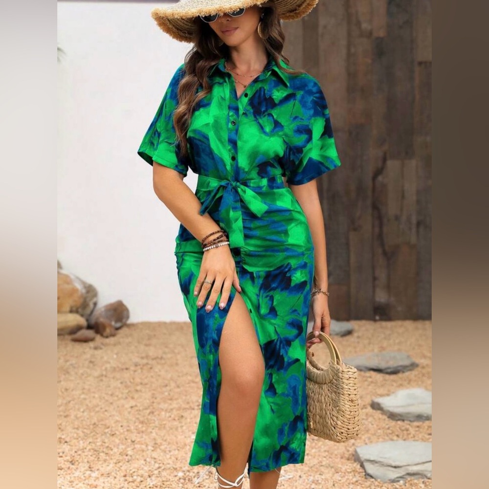 Vibrant Green and Blue Tie-Waist Dress